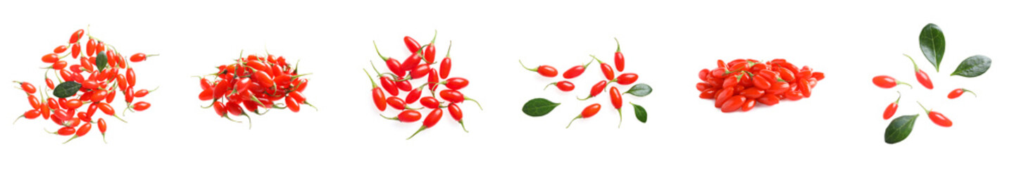 Set of fresh goji berries on white background. Banner design