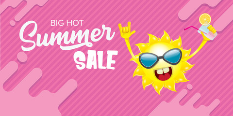 summer sale horizontal web banner or vector label with summer happy sun character wearing sunglasses and holding cocktail isolated on pink horizontal background