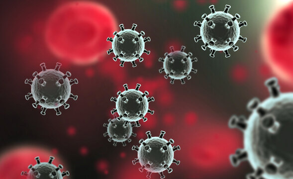 Illustration of virus cells or bacteria molecule under microscope. Abstract 3d illustration corona virus cells.Pathogen respiratory influenza. Flying Covid virus cells