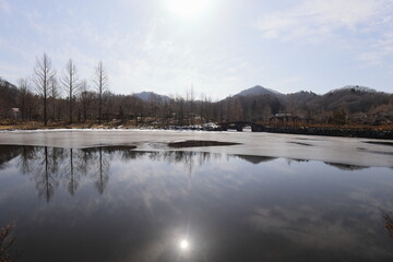 冬の景色、氷が張った池
