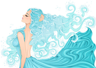 Vector illustration of a beautiful young woman with long hair in a flowing dress in the form of the water element. Isolated on white background.