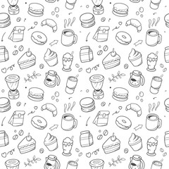 Coffee cafe sketch seamless pattern. Cute vector illustration