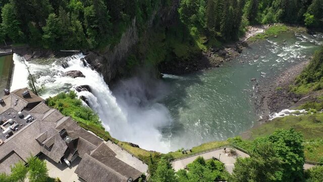 Aerial / drone footage of Snoqualmie Falls by Issaquah and North Bend near Seattle, Washington during the COVID-19 pandemic closure