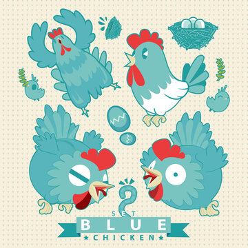 Blue chicken Character design set. easter egg day.
