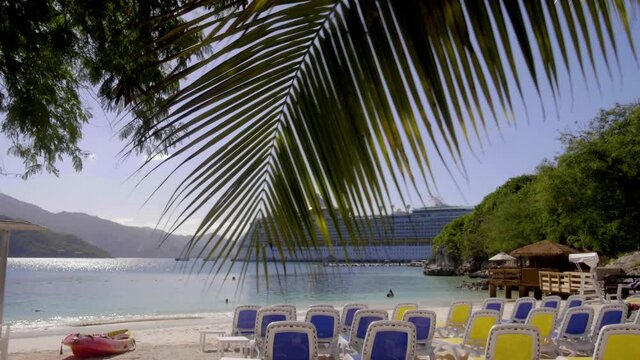 The palm trees in the wind panning down to the cruise ship docked at the beach
