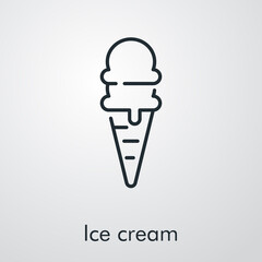 Símbolo helado en cono de galleta. Icono plano lineal con texto Ice cream en fondo gris