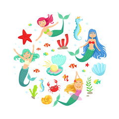 Banner Template with Cute Mermaids and Aquatic Nature Elements of Round Shape, Under the Sea Theme Party Greeting Card, Invitation, Flyer Vector Illustration