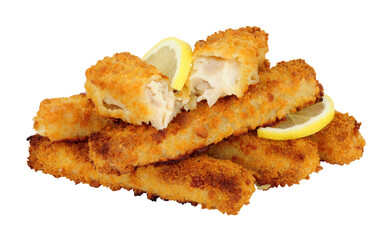 Group of jumbo breadcrumb covered cod fish fingers isolated on a white background