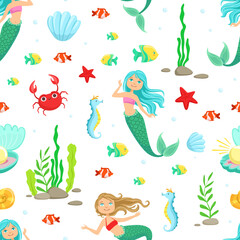 Marine Life Seamless Pattern, Cute Little Mermaids and Aquatic Nature, Design Element Can Be Used for Fabric, Wallpaper, Packaging, Web Page Vector Illustration