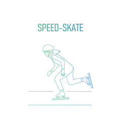 Female speed skater in action. Ice skating sport icon. Sportswoman sign. Speed symbol. Endurance training. Winter season activity. Seasonal sports. Young athlete - vector line art logo illustration.