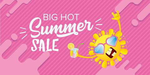 summer sale horizontal web banner or vector label with summer happy sun character wearing sunglasses and holding cocktail isolated on pink horizontal background