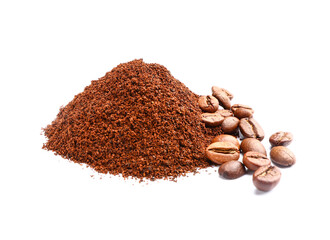 Coffee powder with beans on white background