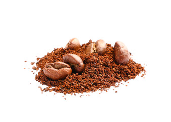 Coffee powder with beans on white background