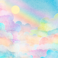 Beautiful volumetric clouds, rainbow in the sky, image for photo wallpaper, digital collage