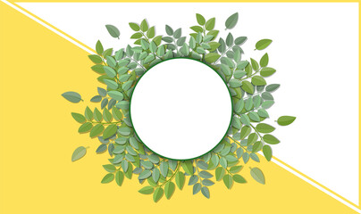 In the center, branches with green leaves are arranged in a circle, above the leaves there is a place for text in the form of an ellipse. Vector on the background of a yellow triangle.