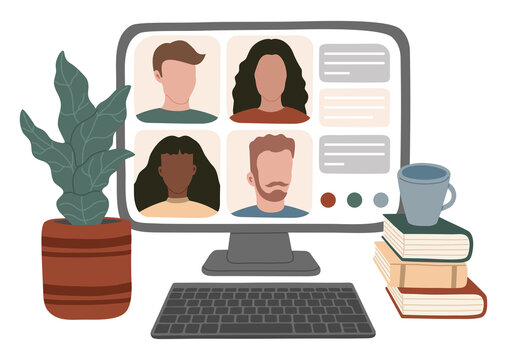 Online video conference, colleagues meeting from home, computer screen. Vector illustration, flat cartoon style. 