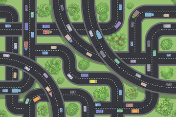 Fototapeta premium Seamless pattern. Roads and transport. (Top view) Vector illustration. Crossroads with flyovers. (View from above)