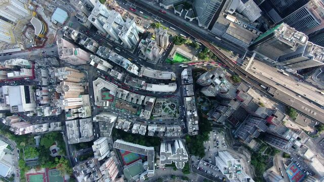 High altitude Top down aerial view of downtown Hong Kong.
