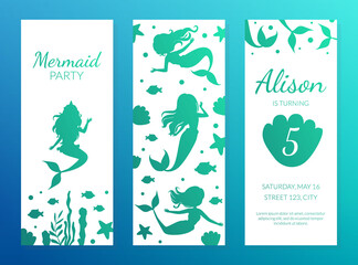 Mermaid Party Banner Template with Cute Aquatic Nature Elements, Under the Sea Theme Birthday Party Greeting, Invitation Card, Flyer Vector Illustration