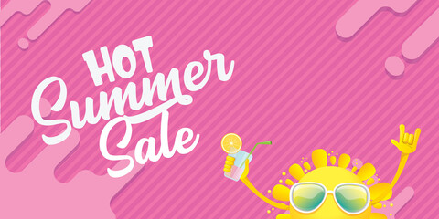summer sale horizontal web banner or vector label with summer happy sun character wearing sunglasses and holding cocktail isolated on pink horizontal background