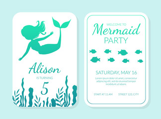 Welcome to Mermaid Party Card Template with Silhouettes of Mermaid and Aquatic Nature Elements, Under the Sea Theme Birthday Invitation, Flyer Vector Illustration