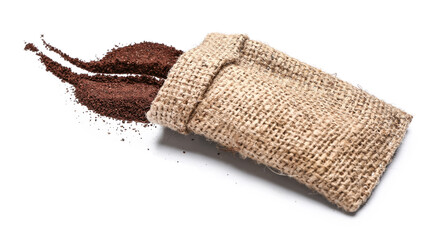 Bag with coffee powder on white background