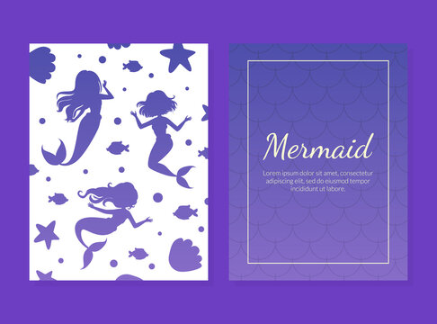 Mermaid Card Template with Silhouettes of Mermaids, Aquatic Nature Elements and Space for Text, Under the Sea Theme Greeting, Invitation Card, Flyer Vector Illustration