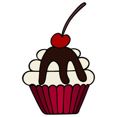 Cupcake. Decoration of a cherry cake. Chocolate muffin. Color vector illustration on an isolated white background. Cartoon style. Delicious dessert in a mold. Illustration idea for menu, web design.