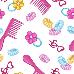 Seamless vector pattern with girls hair care items. Baby hairstyles.