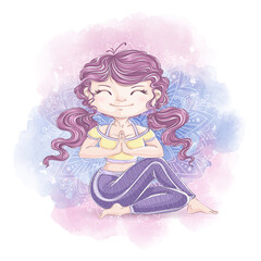 Lovely girl practices yoga. Healthy life and relaxation. Watercolor textural background and mandala.