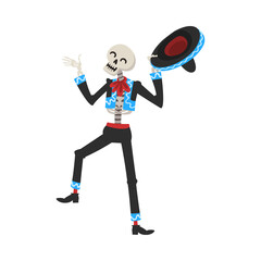 Male Skeleton in Mexican National Costume and Sombrero Hat, Day of the Dead Dia de los Muertos Festival Vector Illustration