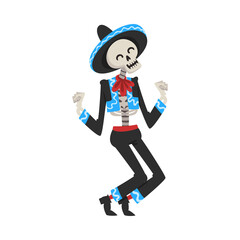Dancing Skeleton in the Mexican National Costume, Day of the Dead Dia de los Muertos Concept Vector Illustration