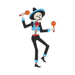 Male Skeleton in Mexican National Costume and Sombrero Hat Playing Maracas, Day of the Dead Dia de los Muertos Concept Vector Illustration