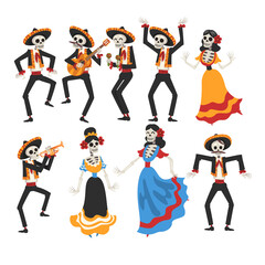 Skeletons in Mexican National Costumes and Sombrero Hats Playing Music Instruments and Dancing, Day of the Dead Dia de los Muertos Concept Vector Illustration