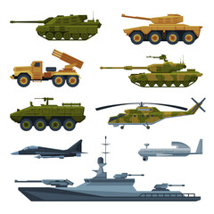 Armored Army Vehicles Collection, Military Heavy Special Transport, Tank, Aircraft Fighter, Rocket Launcher, Helicopter, Warship Flat Vector Illustration