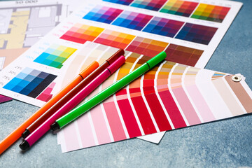 Color palettes with building plan on blue background