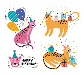Happy birthday funny leopard or Jaguar. Jungle animal party. Wild animal character on holiday. Festive decoration, gifts, cap, balloon. Hand drawn vector illustration with greeting typography. Doodle.