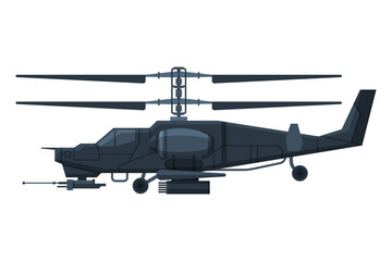 Black Military Helicopter, Heavy Special Machinery, Armored Fighting Vehicle, War Transport Flat Vector Illustration