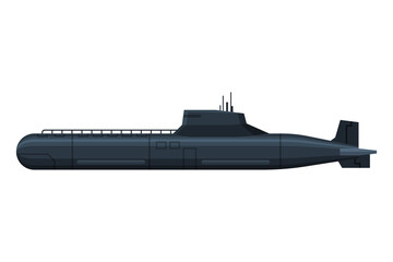Black Submarine, Military Army Fighting Warship Flat Vector Illustration