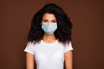 Close-up portrait of her she attractive wavy-haired girl wearing gauze safety mask stop anti air...