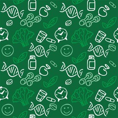 Bio hacking. Pattern in green tones. Healthy lifestyle progect seamless pattern in line style. Background for site, wrapping paper, wallpaper. Cartoon vector illustration.