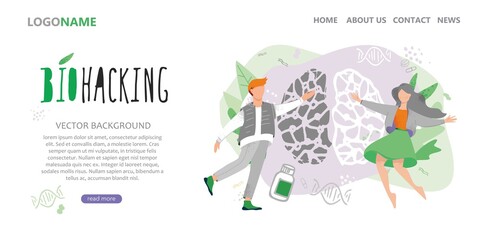 Template for landing page about health, Wellness, and biohacking. Man and a woman on the background of a large symbol of the brain with leaves, a genetic chain, and pills. Cartoon vector illustration.