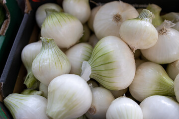 white peeled onion on a stall forming a background