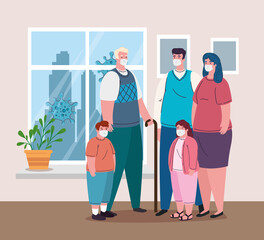 family wearing medical mask for prevent coronavirus covid 19, in the house vector illustration design