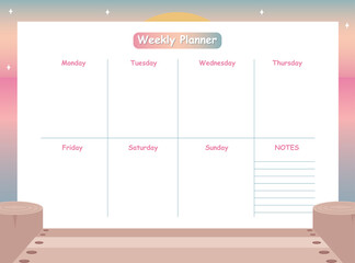 Weekly planner template with flat seascape.