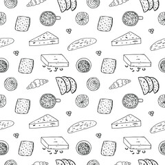 Danish breakfast seamless pattern, vector illustration, coffee, rolls, croissant, bread, butter, cheese, jam, berries, hand drawing