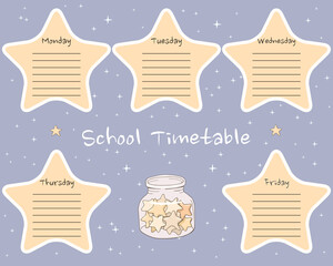 Timetable for school. Weekly planner template with glass jar and star shaped patterns. Vector illustration. Lessons schedule. Gentle purple and yellow pastel colors.