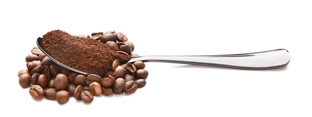 Spoon with coffee powder on white background