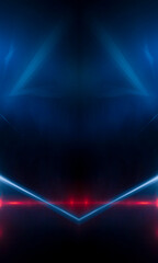 Background wall with neon lines and rays. Background dark corridor with neon light. Abstract background with lines and glow. Light element in the center, a triangle, a pyramid with neon.
