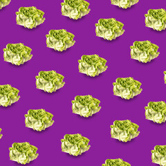 Fresh green lettuce on vibrant complementary magenta background. Trendy minimalist isometric pattern.